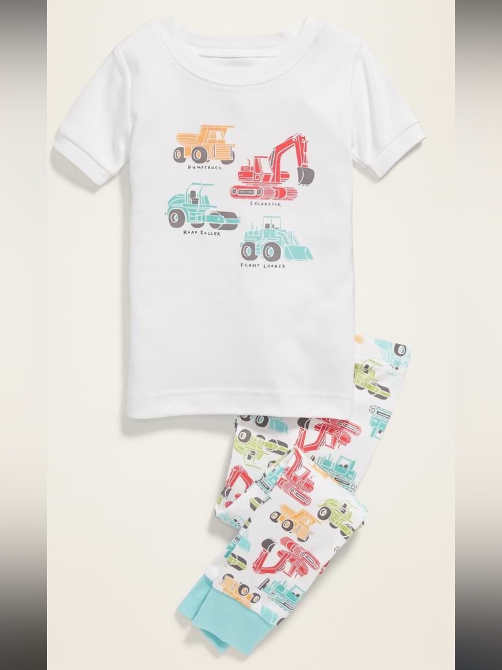 Kids Construction Vehicle pajama set - White with Yellow, Red, Teal Graphics